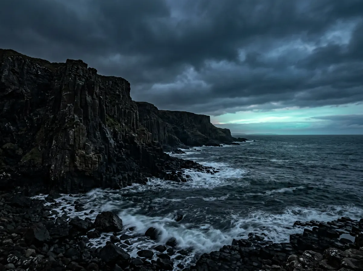 Sea cliffs on the north coast of Northern Ireland at dusk